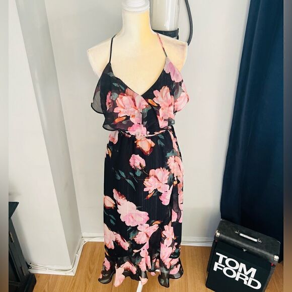 Jennifer Lopez Faux Wrap Ruffle Maxi Dress, Black/Pink, Size 2, Summer Wedding - Picture 1 of 9
